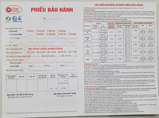 Phiếu bảo hành Tôn Việt Úc
